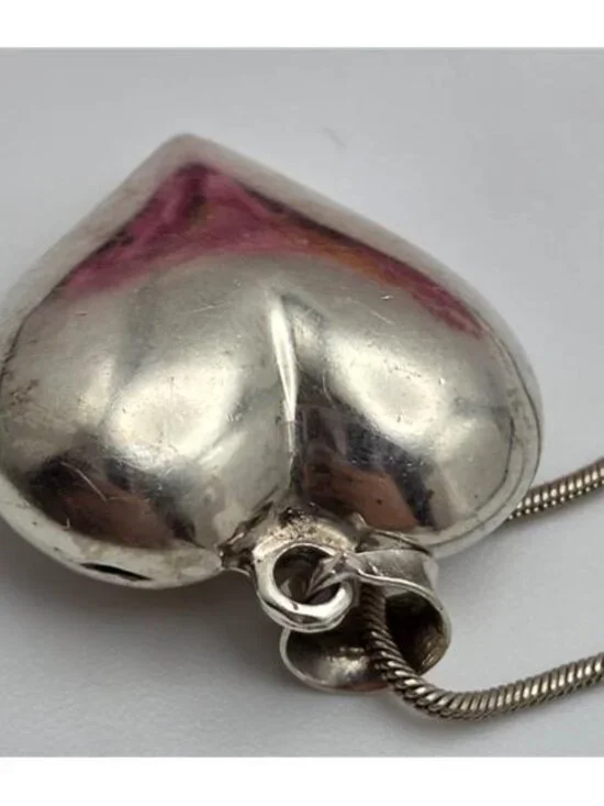 Vintage 925 Italy Sterling Silver Puffy Heart Pendant Necklace Snake Chain 17” - Picture 3 of 9